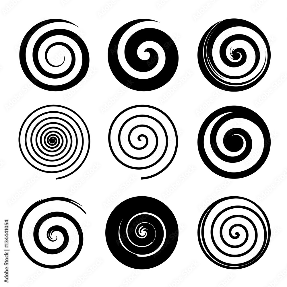 Set of spiral and swirl motion elements, black isolated objects. Different brush textures. Vector illustrations.