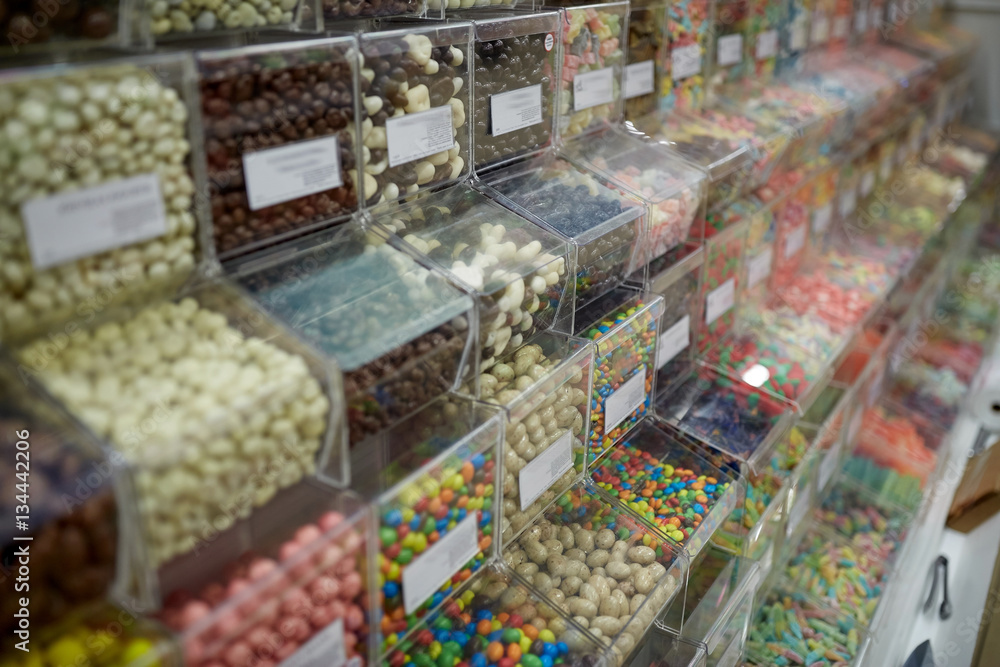 different sweets in boxes at candy shop different sweets in boxes at candy shop