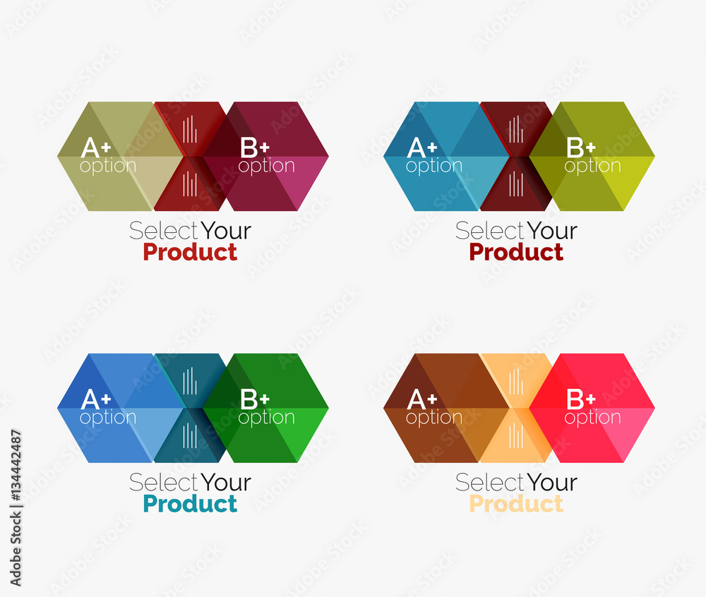 Set of abstract geometric hexagon design with options and text Set of abstract geometric hexagon design with options and text