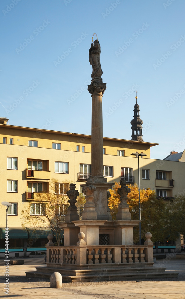 Column with figure of Virgin Mary at Masaryk Square in Ostrava. Czech Republic