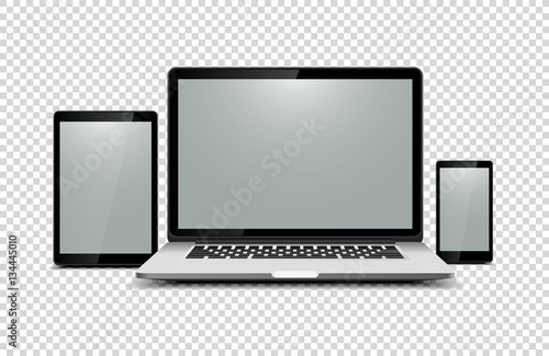 Black laptop, tablet, phone on transparent background