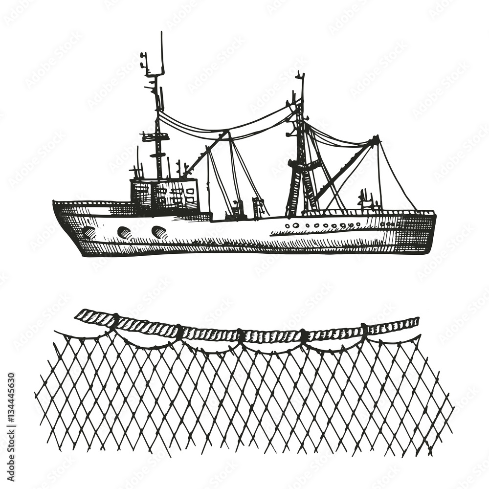 trawler and sketch. fishing nets and boat set of vector