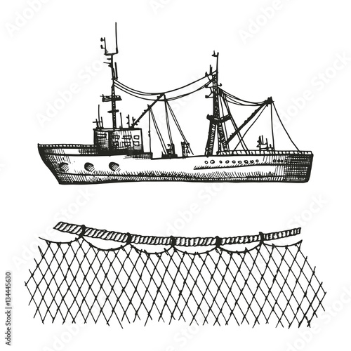 trawler and sketch. fishing nets and boat set of vector illustration