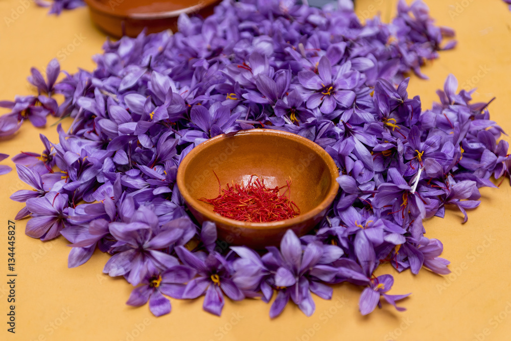 Close-up of a bowl with saffron pistils on a pile of roses saffron