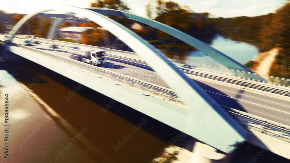 Obraz premium Aerial View Of Bridge With Fast Truck