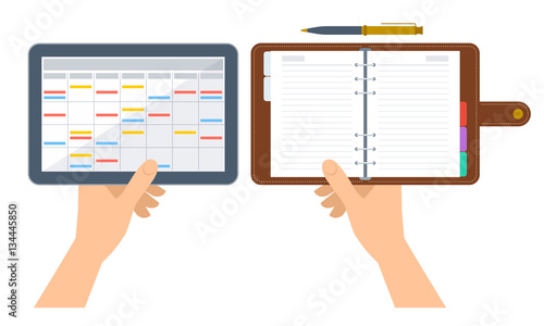 Hands are holding electronic and paper organizer and planner. Flat concept illustration of digital agenda on the tablet screen and business diary with leather cover. Vector schedule isolated on white.
