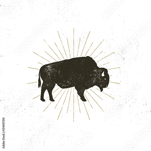 bison icon silhouette. Retro letterpress effect. Buffalo symbol with sunbursts isolated on white background. Use for steak house logo, infographics, logotype. Vector design photo