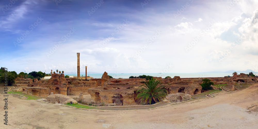 Panorama ruins of Roman baths Tunis Carthage Archaeological