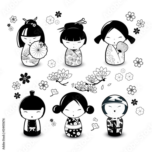 Kokeshi Dolls in black and white style