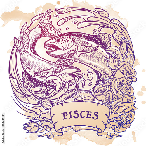 Zodiac sign - Pisces. Two fishes jumping from the water. Circle composition, decorative frame of roses. Vintage art nouveau style concept art for horoscope, tattoo or colouring book. EPS10 vector