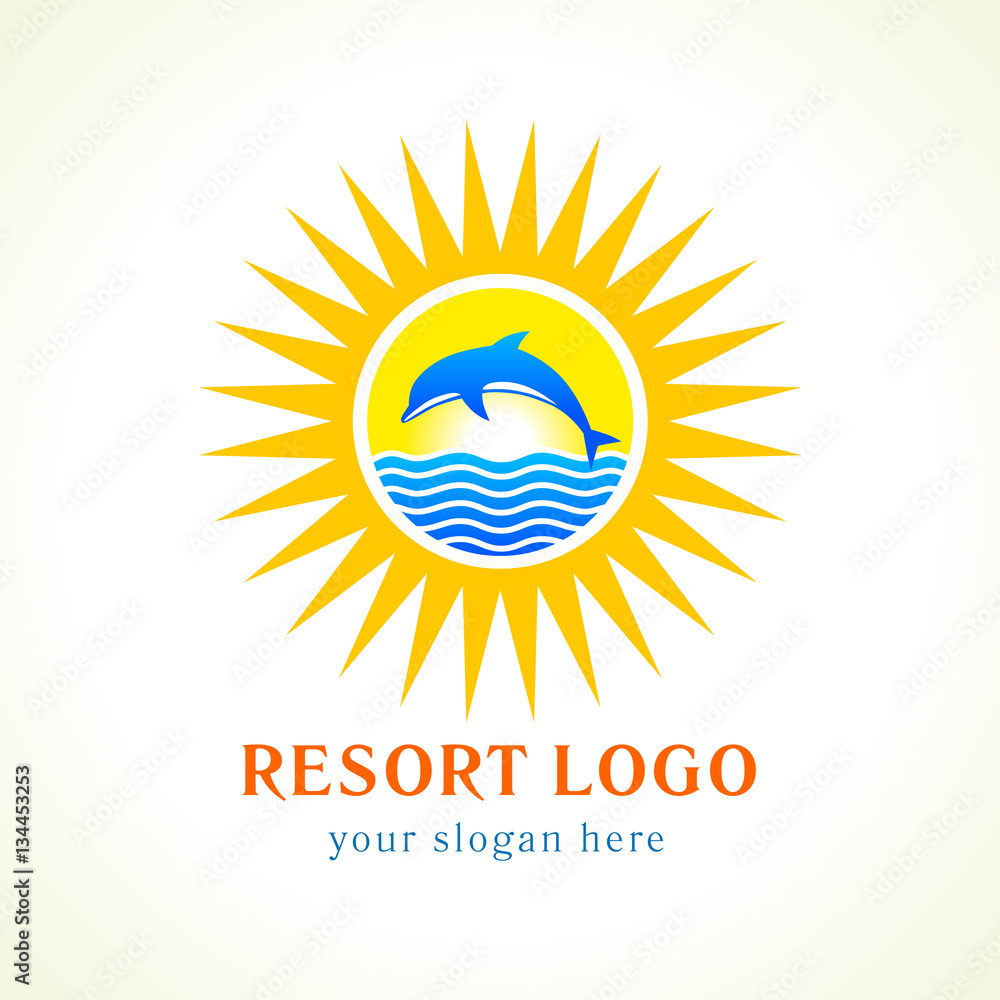 Dolphin jumping above waves. Sea, sun, travel vector logo. Branding identity of hotels, tourist business, spa, beach service, healthcare, resort or hotel by the ocean. Summer holidays symbol. Dolphin jumping above waves. Sea, sun, travel vector logo. Branding identity of hotels, tourist business, spa, beach service, healthcare, resort or hotel by the ocean. Summer holidays symbol.