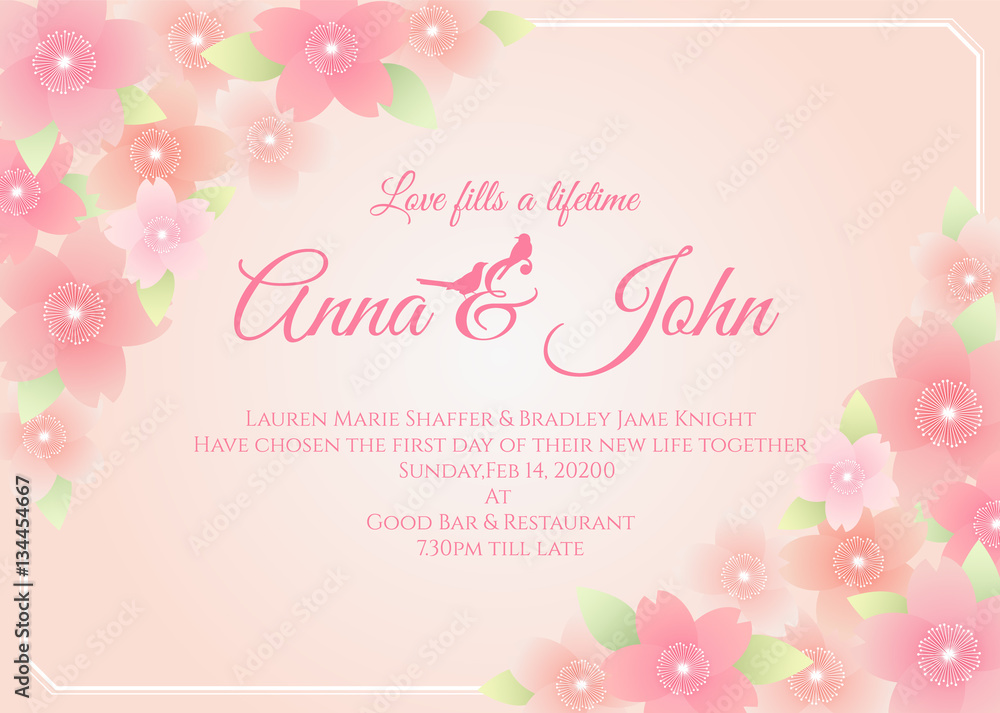 Wedding card - sakura flower frame on soft pink background vector template design Wedding card - sakura flower frame on soft pink background vector template design