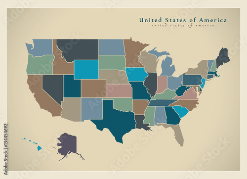 Modern Map - USA with coloured federal states illustration