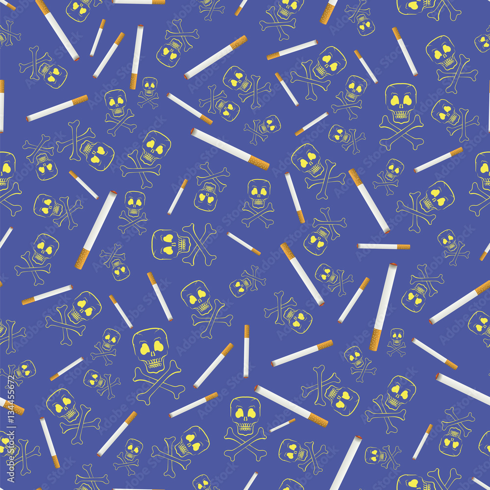 Burning Cigarette and Skull Seamless Pattern on Blue Background Burning Cigarette and Skull Seamless Pattern on Blue Background