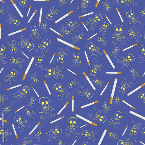 Burning Cigarette and Skull Seamless Pattern on Blue Background