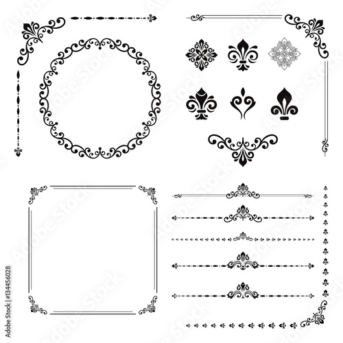 Vintage set of elements. Different elements for decoration and design frames, cards, menus, backgrounds and monograms. Collection of floral ornaments. Black and white colors