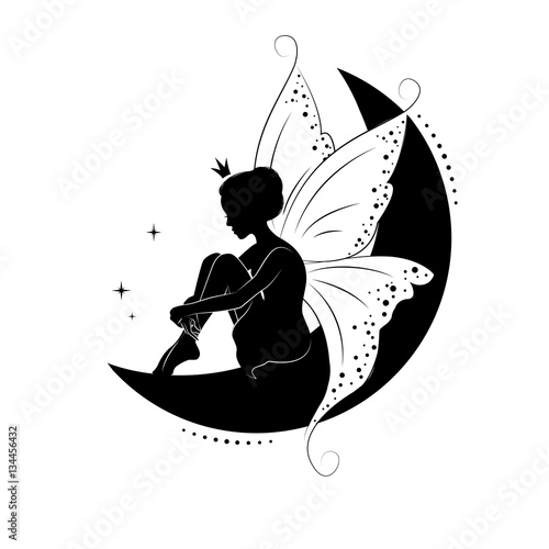 Silhouette of beautiful fairy. Hand drawn, isolated on white background. 