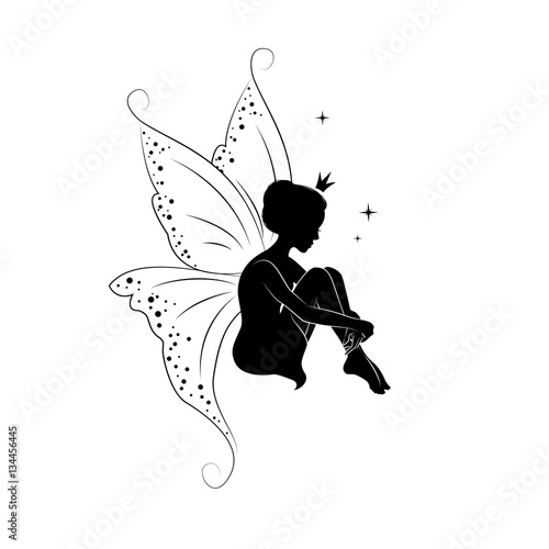Silhouette of beautiful fairy. Hand drawn, isolated on white background. 