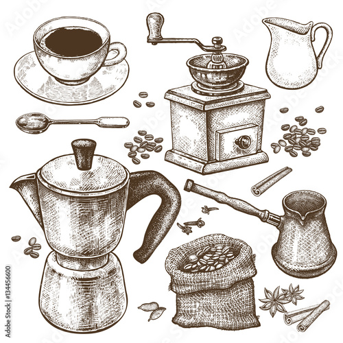 Coffee and kitchen utensils for cooking it.