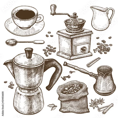 Obraz Kawa i przybory kuchenne do gotowania.