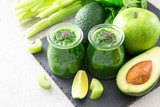Blended green smoothie with ingredients. Superfood, detox 