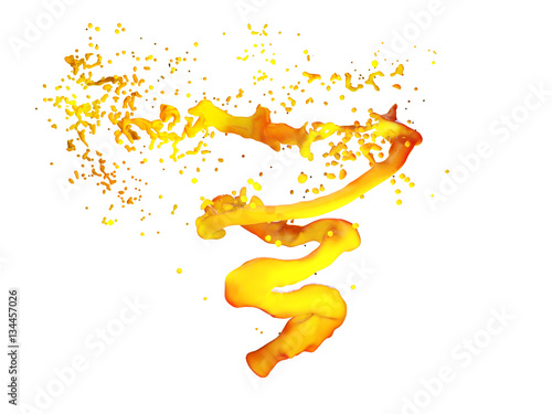 3D illustration of orange juice vortex, juice whirlpool. Juicy twister tornado isolated on white