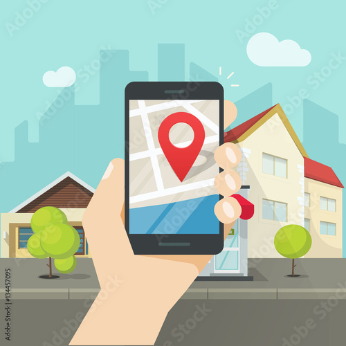 Mobile phone city map geo location, hand with smartphone gps navigator town map and pin pointer, roadmap street direction, idea of quest game route, person found location among buildings vector