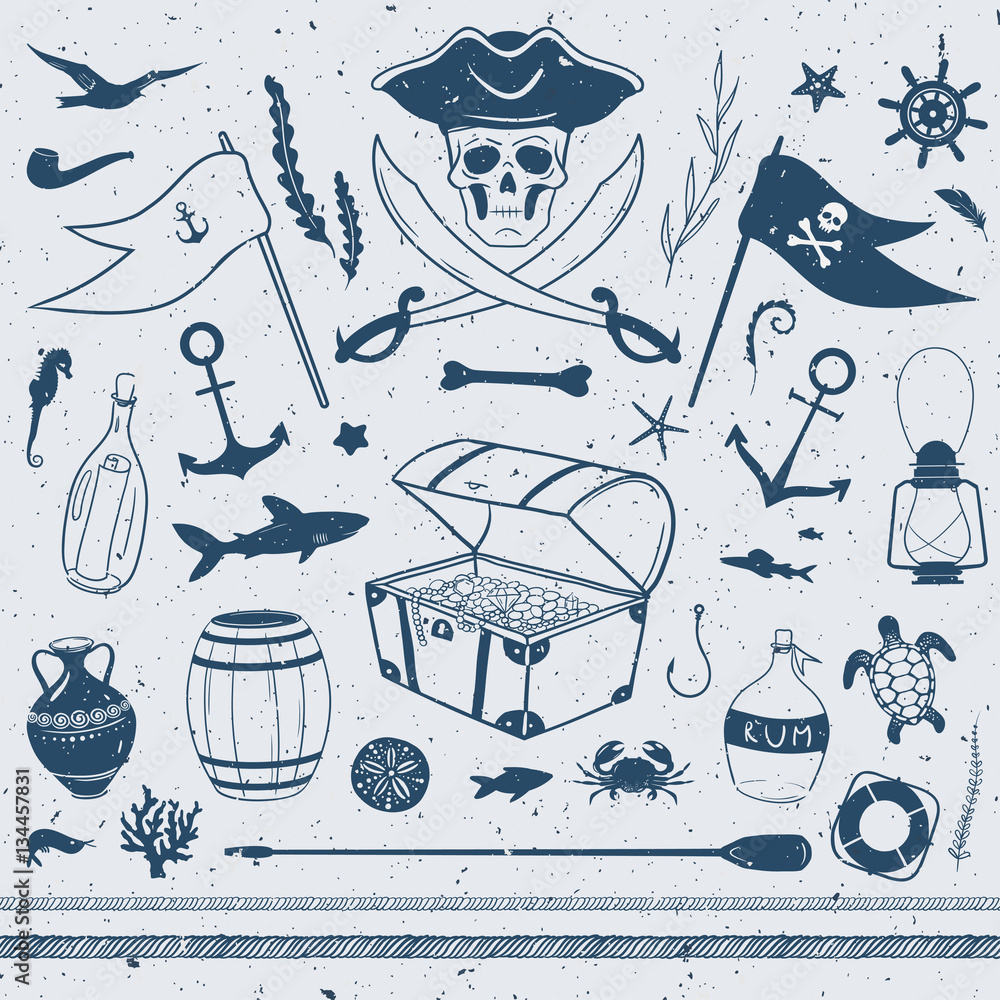 pirate theme nautical illustrations, vector set with pirate, flags,  treasure box, shark, starfish, lamp, letter in a bottle and other Stock  Vector | Adobe Stock