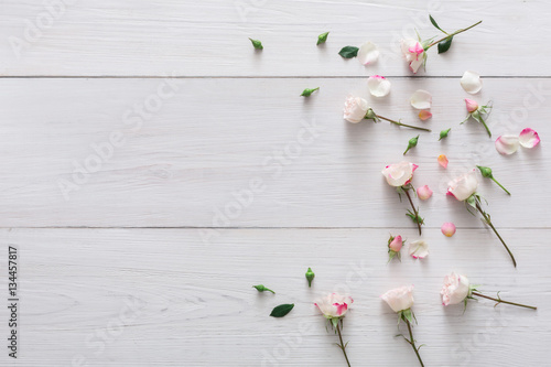 Valentine day background, petals and flowers on white wood