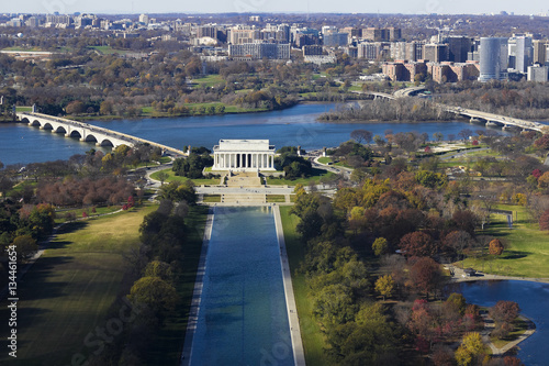 Aerial view of the western-side of the National Mall including the Reflecting Pool & Lincoln Memorial, Washington DC