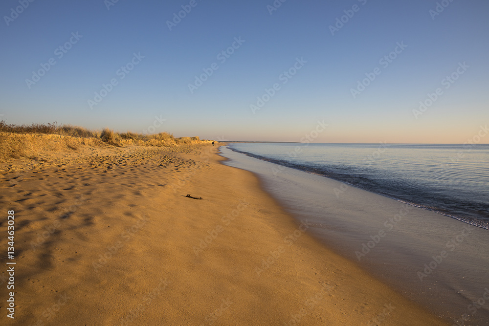 view on a beach at sunset with golden sand an quiet sea