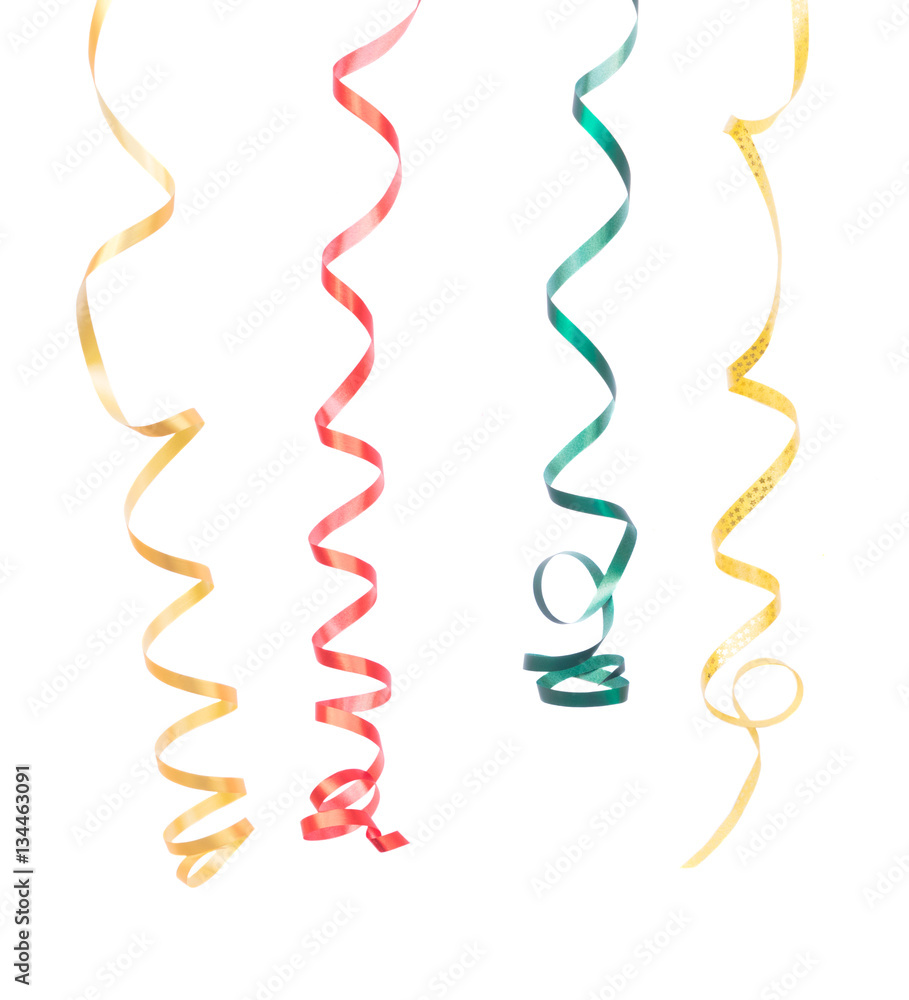 Carnaval festive hanging curling paper decorations isolated on white background Carnaval festive hanging curling paper decorations isolated on white background