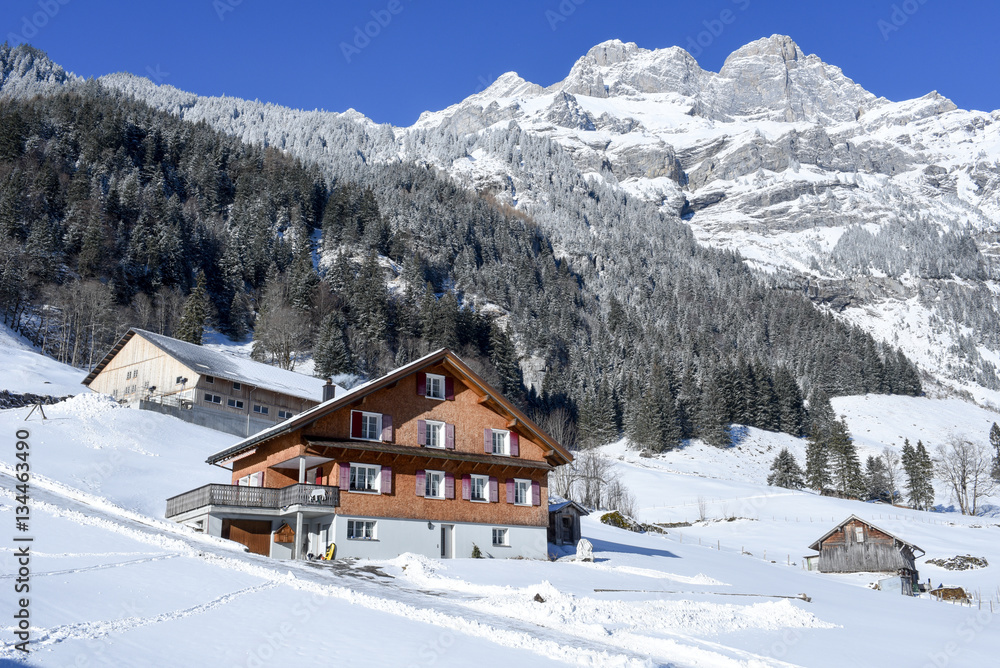 Rural winter landscape of Engelberg on the Swiss alps