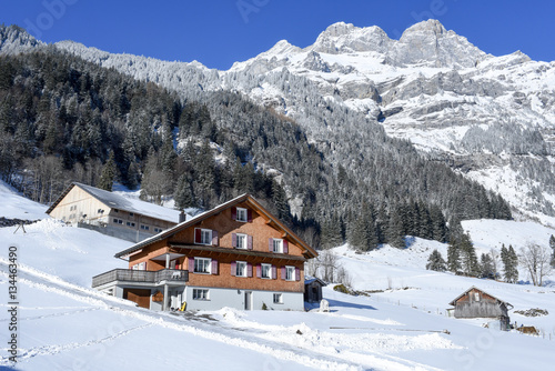 Rural winter landscape of Engelberg on the Swiss alps