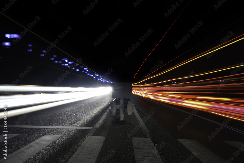 Two lane light trails, center view