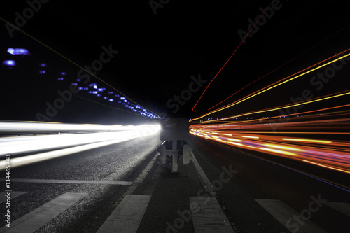 Two lane light trails, center view