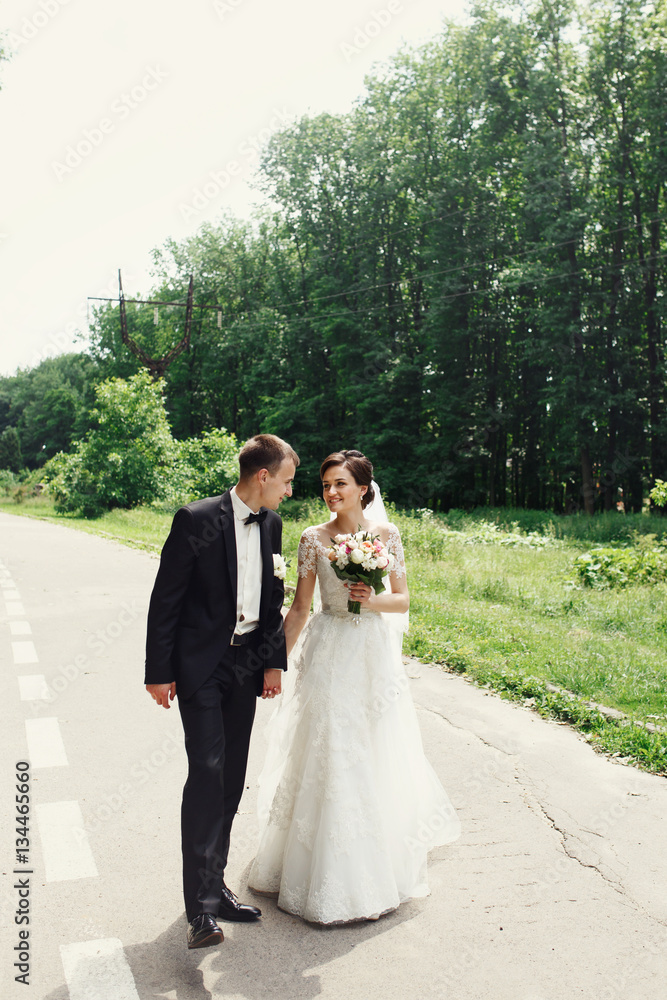 Beautiful bride & groom having a walk in the park holding hands