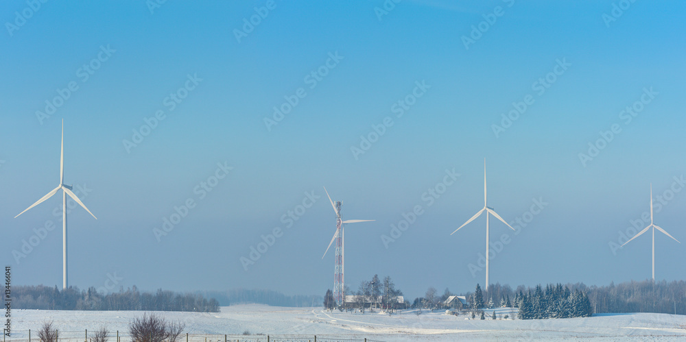 Wind power plant in winter time. Lithuania.