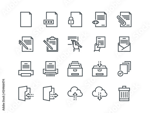 Document. Set of outline vector icons. Includes such as Printer, Shredder, Folder, Archive, Handwriting and more.