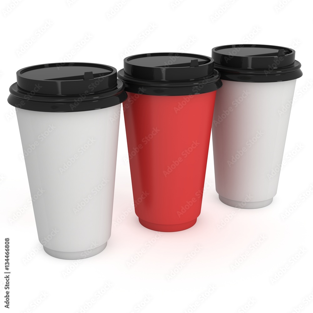 Disposable coffee cups. Blank paper mug. 3d render isolated on white background Disposable coffee cups. Blank paper mug. 3d render isolated on white background