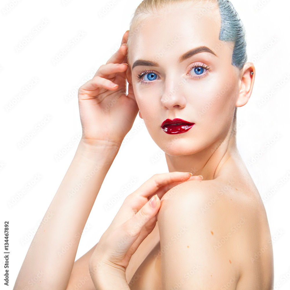 Close-up portrait of sexy blonde girl with makeup. Beautiful model, silver hairstyle. isolated on white background. For cosmetics advertisment. Close-up portrait of sexy blonde girl with makeup. Beautiful model, silver hairstyle. isolated on white background. For cosmetics advertisment.