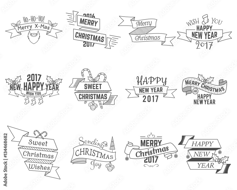 Happy Christmas wishes collection with ribbons and holiday symbols, elements - santa beard, sweets, tree, toys. Retro colors. isolated bundle