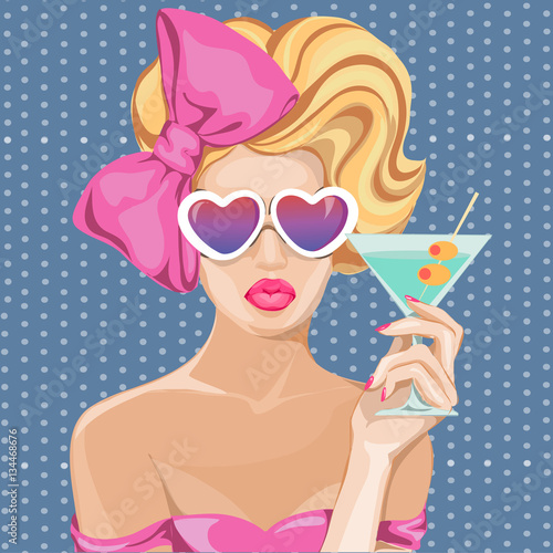 Beautiful woman with martini glass pop art portrait, pin up summer look vector illustration