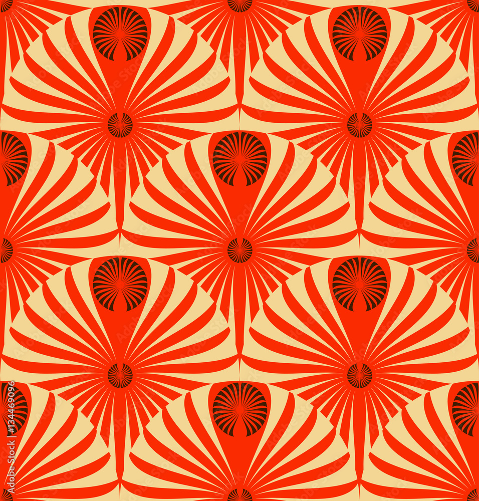 stylized nautilus or lotus flower seamless pattern in red