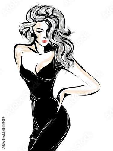 Sexy black and white fashion woman model portrait, vector illustration