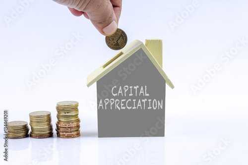 Wooden house model with pile of coin  and man hand holds the coin with conceptual text. photo