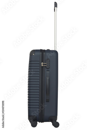 Deep blue plastic suitcase isolated on white background