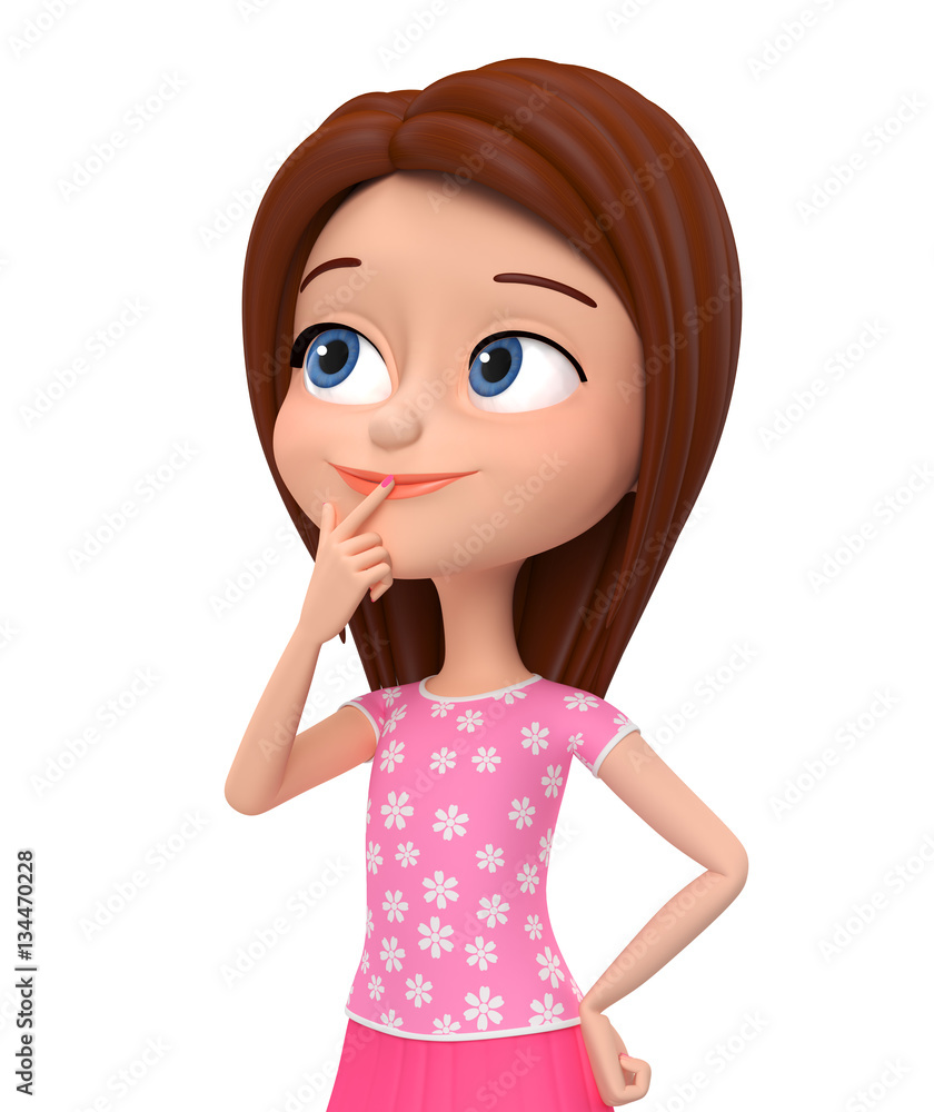 Girl isolated on white background thinking. 3d rendered illustra