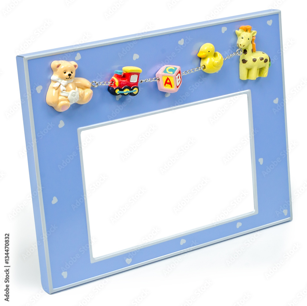 Fototapeta premium Baby pink photo frame with toys a pink color on a white background isolated