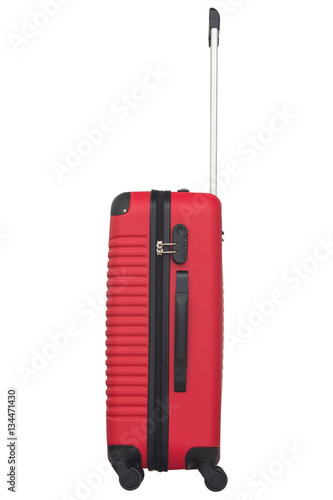 Red plastic suitcase isolated on white background